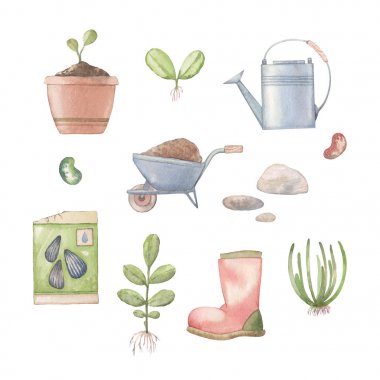 bahçe aletleri ve diğer bahçe eşyaları suluboya seti 2