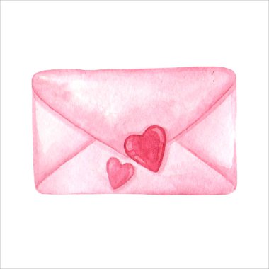 Sevgililer Günü için kızlar için karikatür tarzında beyaz bir arkaplanda pembe zarf ile suluboya çizimi