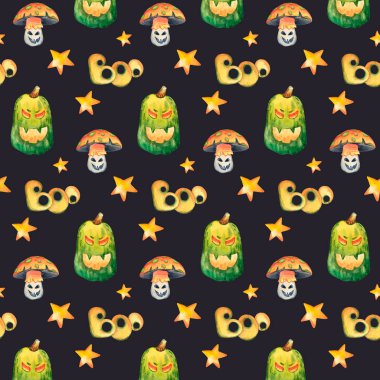 Şeytani mantarlı suluboya deseni, yıldızlar, cadılar bayramı balkabağı ve siyah bir arkaplanda yazılar..