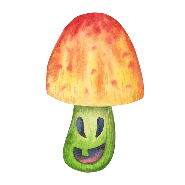 Illustrazione Acquerello Fungo Malvagio Con Cappello Rosso Una Gamba Verde — Foto Stock