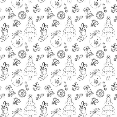 Doğrusal Yeni Yıl kusursuz deseni. Çizgi film tarzında beyaz arkaplanda yetişkinler ve çocuklar için boyama sayfası. Noel ağacı, top, çan, portakal, şeker, bot, tarçın desenli