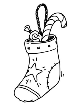 Çizgi film tarzında beyaz arkaplanlı bir yeni yıl çiziminin doğrusal çizimi. Yeni yıl için çocuklar ve yetişkinler için boyama kitabı