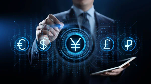 Icona segno di valuta Yen sullo schermo virtuale. Forex trading concetto di tecnologia aziendale . — Foto Stock