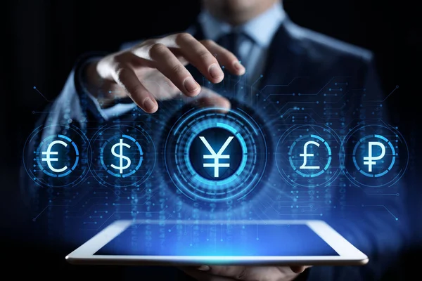 Icona segno di valuta Yen sullo schermo virtuale. Forex trading concetto di tecnologia aziendale . — Foto Stock