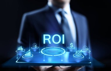 ROI Yatırım finansal büyüme kavramına grafik, grafik ve simgelerle dönüş.