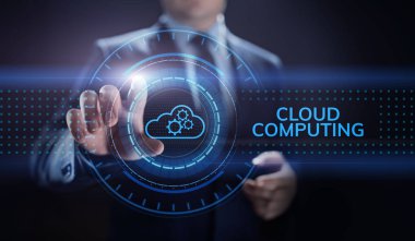 Ekranda bulut hesaplama ağı ve internet kavramı.