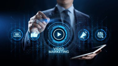 Video pazarlama çevrimiçi reklam işi internet kavramı.