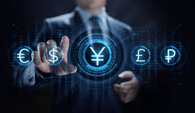 Sanal ekran yen para birimi işareti simgesi. Forex ticaret iş teknoloji kavramı.