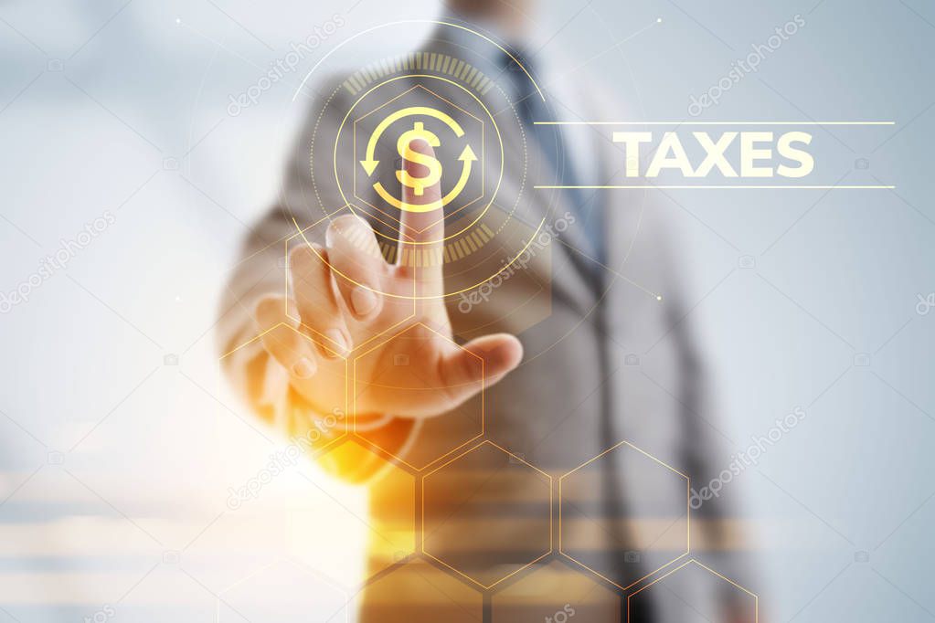 Tax report taxes payment business finance concept. Businessman pointing on virtual screen.