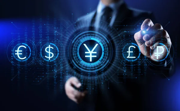 Ícone de sinal de moeda iene na tela virtual. Forex negociação conceito de tecnologia de negócios . — Fotografia de Stock