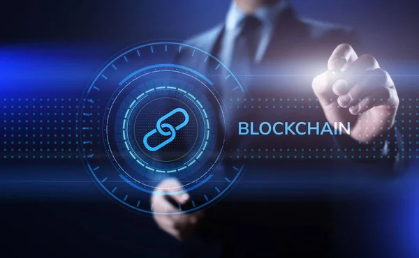 Blockchain Cryptocurrency έννοια της χρηματοοικονομικής τεχνολογίας στην οθόνη. — Φωτογραφία Αρχείου