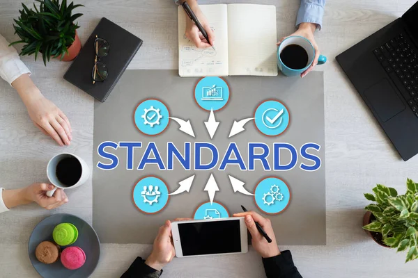 Standard ISO Certification Standardisation Quality control assurance business manufacturing technology concept.