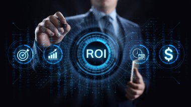 ROI Yatırım finansal büyüme kavramına grafik, grafik ve simgelerle dönüş.