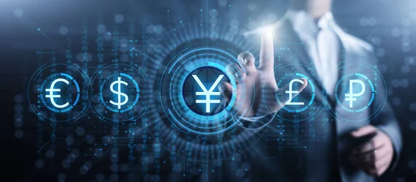 Yen Währungszeichen Symbol auf dem virtuellen Bildschirm. Devisenhandel Business Technology Konzept. — Stockfoto