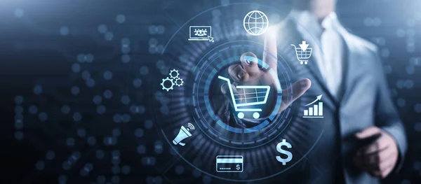 E-Commerce Online Shopping Digitales Marketing- und Vertriebstechnologiekonzept. Stockbild