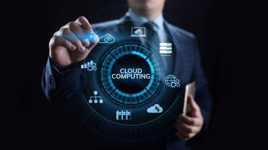 Ekranda bulut hesaplama ağı ve internet kavramı.