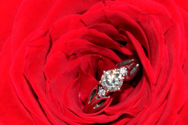 Romantik kırmızı gül ve Pırlanta Tektaş yüzük