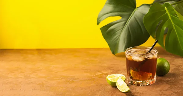 Een drankje van rum of Cola ijsblokjes en sappige kalk in glazen bekers tegen de achtergrond tropische groene bladeren. Ruimte kopiëren. — Stockfoto