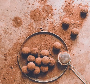 Tabakta el yapımı çikolatalı yer mantarı. Koyu kahverengi arka plan üzerinde kakao tozu koyu çikolata şekerler. Düz düzen.