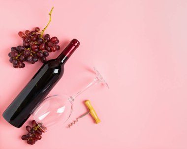 Bir şişe şarap, yumuşak pembe bir arka plan üzerinde bir demet üzüm. Minimalizm. Üst görünüm düz düzen.