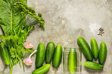 Taze organik salatalık çeşitli baharatlar koruma hazırlanması. . Doğal tarz. Kopya alanı. Yatay çerçeve.