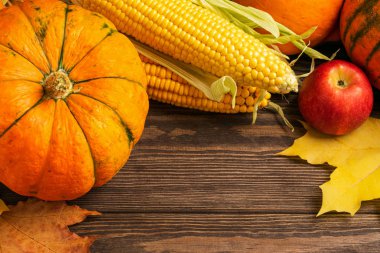 Sonbahar, olgunlaşmış balkabağı, elma, tahtadan arka planda düşmüş sarı yapraklar. Şükran Günü Sonbahar Konsepti.