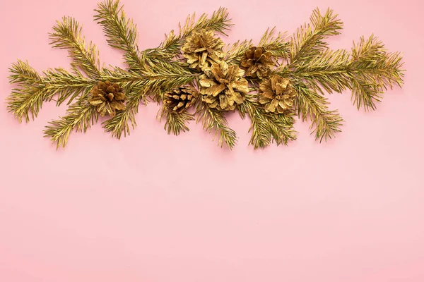 Pembe arka planda ladin dalları ve altın rengi orman konileri. Tatil konsepti. Düz yatıyordu. Boşluğu kopyala.