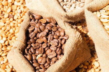 Küçük çuvallarda kahve çekirdekleri. Arka plan kahverengi nehir.