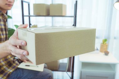 Evde çalışmak, çevrimiçi dağıtımı ortadan kaldırmak, çevrimiçi satışlar, stoklarda depolama ürünleri, ürün miktarlarını kontrol etmek, paket kutuları, teslimata hazır