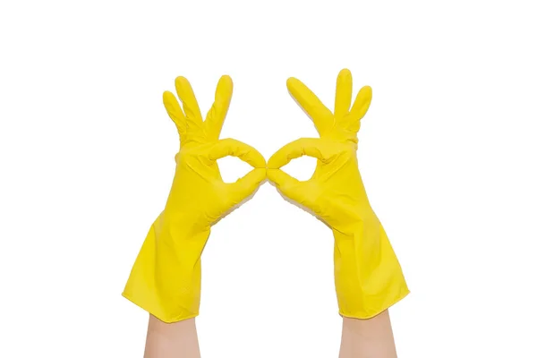 Zwei Hände Gelben Handschuhen Zeigen Geste Des Vogels Auf Weißem — Stockfoto