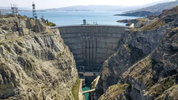 View from height on hydroelectric power station in Russia, Dagestan,shooting from air