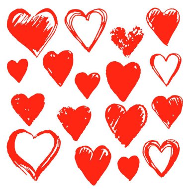 Elle çizilmiş kalpler kümesi. Tasarım öğesi.