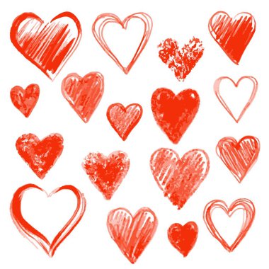Elle çizilmiş kalpler kümesi. Tasarım öğesi.