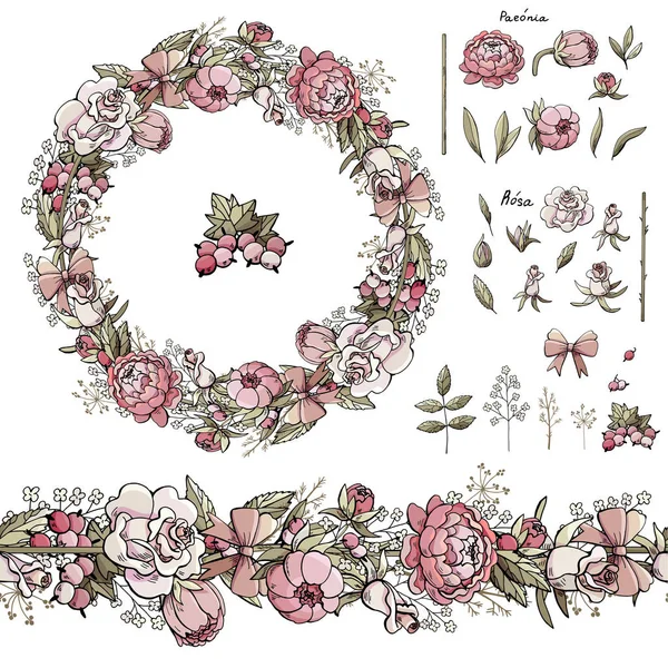 Una Corona Rosas Peonías Sobre Fondo Blanco Artículos Separados Rosa — Vector de stock