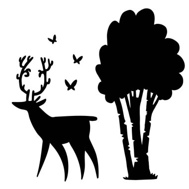 Silhouette geyik, kelebekler ve beyaz zemin üzerine huş