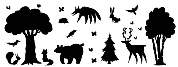 森の動物と森林のシルエット 熊狼熊 キツネうさぎリス ハリネズミ鹿蝶 バーチ オーク モミの木モミの木鳥 カラス — ストックベクタ