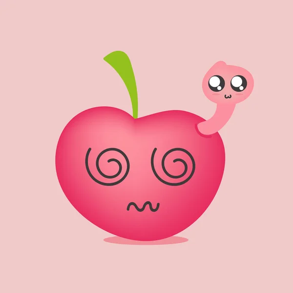 Apple with wormwood Kawaii character. Vector. — Stock Vector
