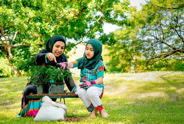 Mãe Muçulmana Ajuda Ensina Sua Filha Crescer Plantar Uma Árvore — Fotografia de Stock