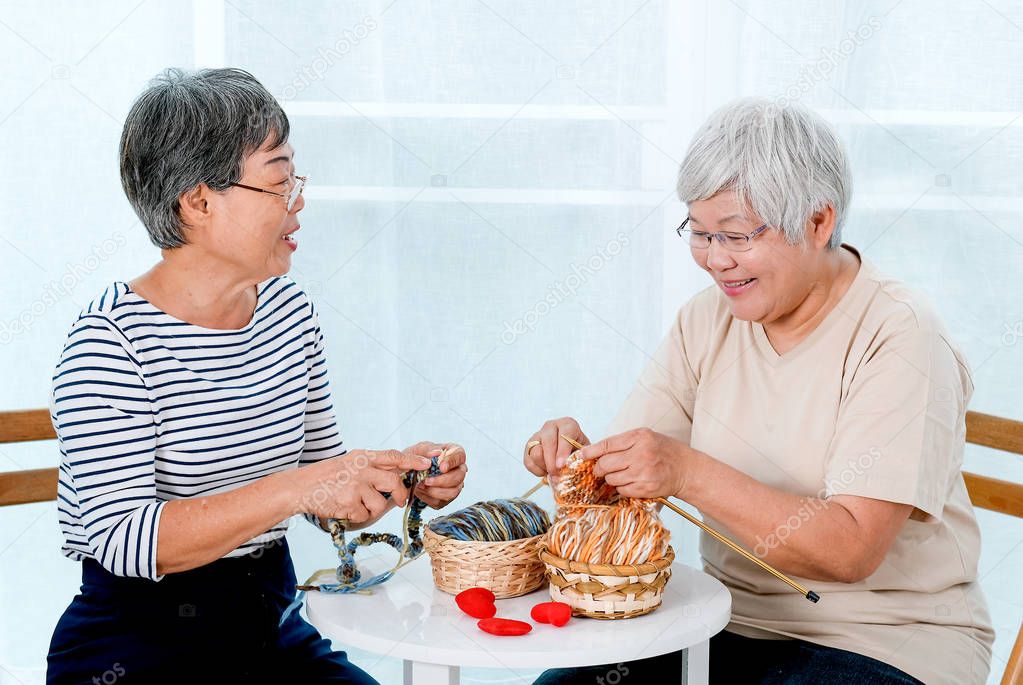 Two Asian elderly woman sit on chair and have activity of knitting, also talk together with smile in front of balcony.
