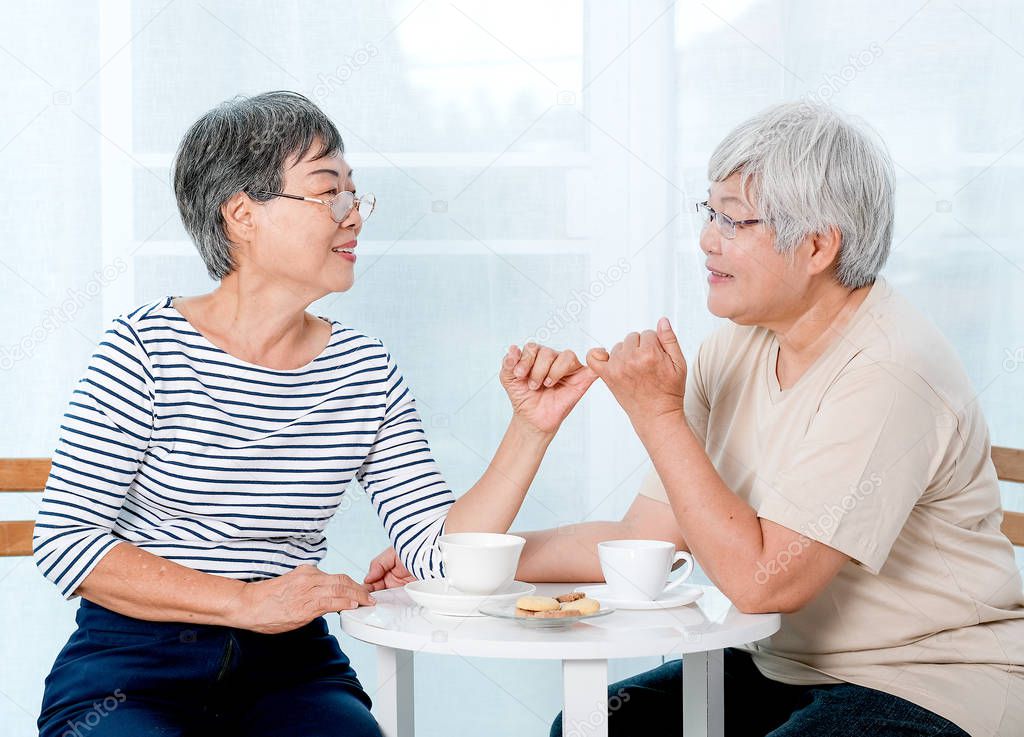 Two Asian elderly women hook each others little finger together with smiling in front of balcony in the house.