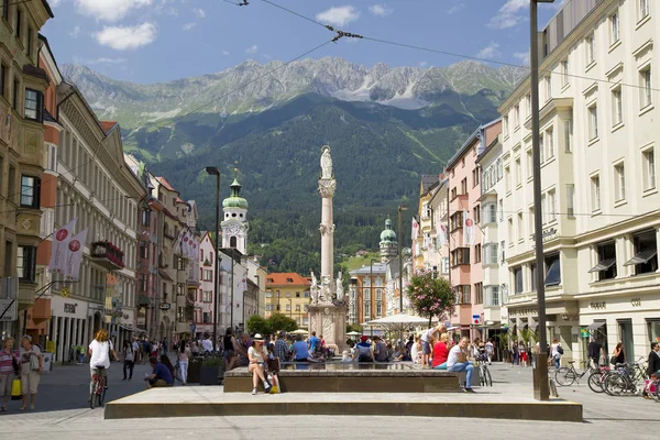 View Spitalskirche Anne Column Maria Theresien Street Innsbruck Tyrol Austria — Stock Photo, Image