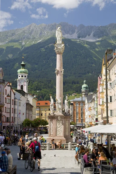 View Spitalskirche Anne Column Maria Theresien Street Innsbruck Tyrol Austria — Stock Photo, Image