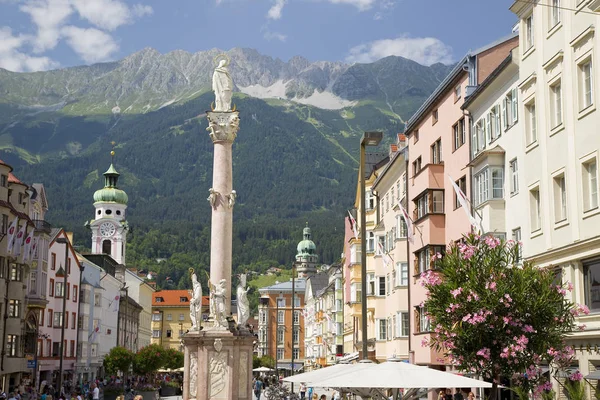 View Spitalskirche Anne Column Maria Theresien Street Innsbruck Tyrol Austria — Stock Photo, Image