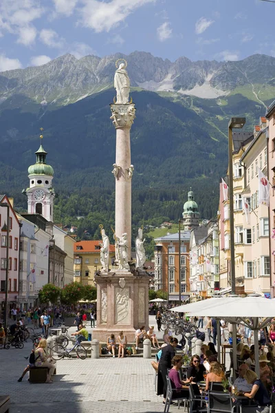 View Spitalskirche Anne Column Maria Theresien Street Innsbruck Tyrol Austria — Stock Photo, Image