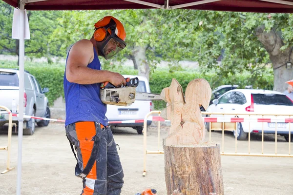 Alella Spain July Wood Sculpture Competition Chainsaw July 2019 Alella — Stock Photo, Image