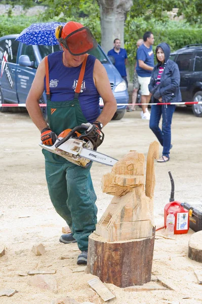 Alella Spain July Wood Sculpture Competition Chainsaw July 2019 Alella — Stock Photo, Image