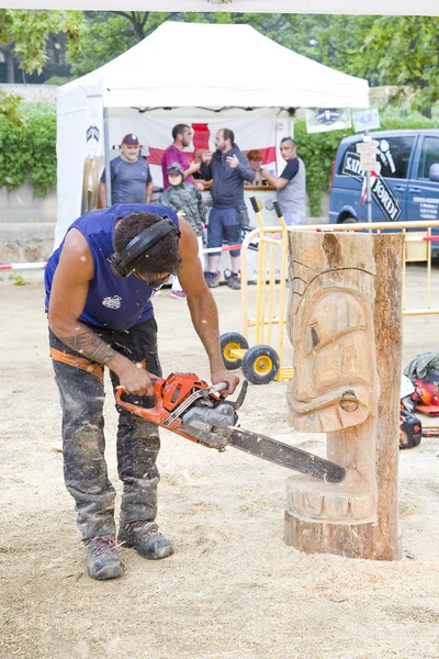 Alella Spain July Wood Sculpture Competition Chainsaw July 2019 Alella — Stock Photo, Image