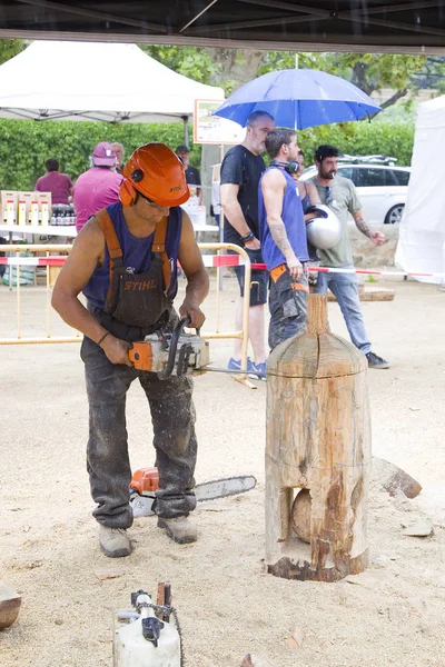 Testere Ile Ahşap Heykel Yarışması Temmuz 2019 Alella Barselona Spanya — Stok fotoğraf