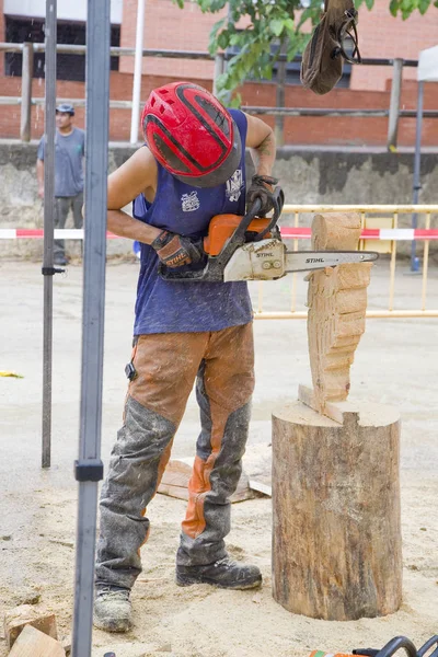 Wood Sculpture Competition Chainsaw July 2019 Alella Barcelona Spain — Stock Photo, Image