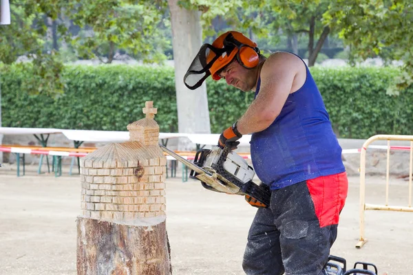 Concurso Escultura Madera Con Motosierra Julio 2019 Alella Barcelona España — Foto de Stock